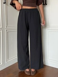 SHEIN EZwear 休閒百搭黑色編織長褲 - 黑色 - 查看 5