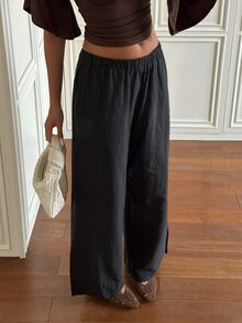 SHEIN EZwear 休閒百搭黑色編織長褲 - 黑色 - 查看 6