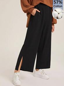 SHEIN EZwear 休閒百搭黑色編織長褲 - 黑色 - 查看 2