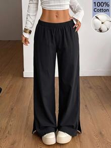 SHEIN EZwear 休閒百搭黑色編織長褲 - 黑色 - 查看 9