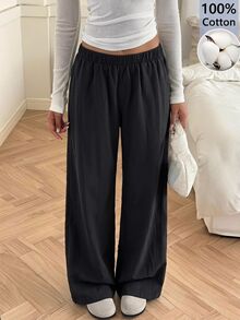 SHEIN EZwear 休閒百搭黑色編織長褲 - 黑色 - 查看 3