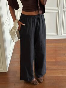 SHEIN EZwear 休閒百搭黑色編織長褲 - 黑色 - 查看 7