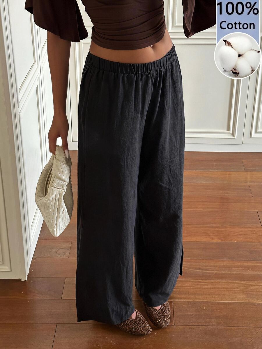 SHEIN EZwear 休閒百搭黑色編織長褲 - 黑色 - 查看 1