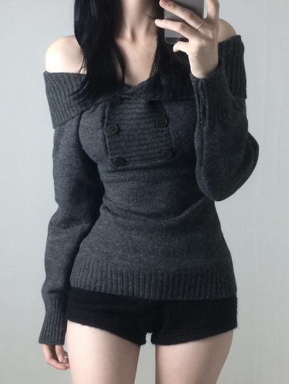 Livesso Women's Off-Shoulder One-Shoulder Long Sleeve Fitted Double-Breasted Decorative Knit Ribbed Hem Dark Gray Sweater