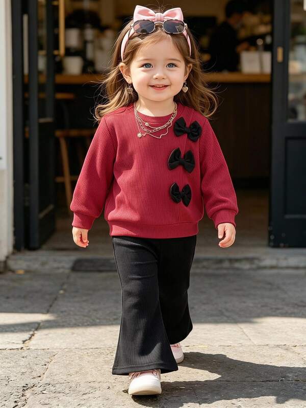 SHEIN Playful Pals 幼女蝴蝶結運動衫喇叭褲套裝，可愛純色羅紋長袖套頭上衣與喇叭褲，2件式甜美套裝
