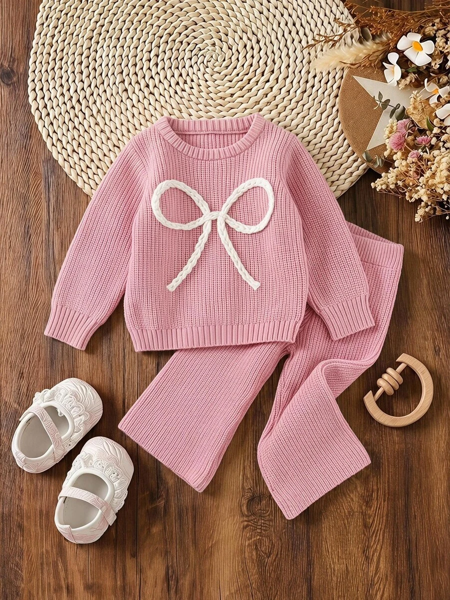 SHEIN Vintaside Kids 可愛淡粉色女嬰針織毛衣套裝,新生兒蝴蝶結針織套裝,秋冬休閒兩件式保暖衣物,家庭配色柔粉色 - 藕粉色 - 查看 1
