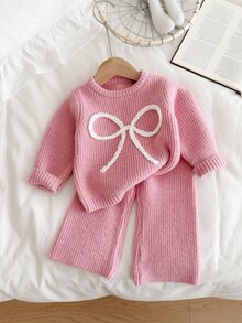 SHEIN Vintaside Kids 可愛淡粉色女嬰針織毛衣套裝，新生兒蝴蝶結針織套裝，秋冬休閒兩件式保暖衣物，家庭配色柔粉色 - 藕粉色 - 查看 3