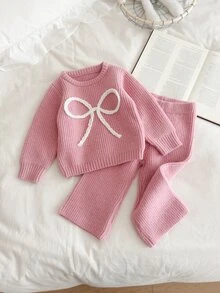 SHEIN Vintaside Kids 可愛淡粉色女嬰針織毛衣套裝，新生兒蝴蝶結針織套裝，秋冬休閒兩件式保暖衣物，家庭配色柔粉色 - 藕粉色 - 查看 6