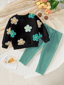 SHEIN Playful Pals 2件組女嬰休閒可愛日系全滿花卉印花圓領運動衫與內搭褲套裝，甜美可愛，秋冬款，黑色/卡其色/綠色 - 彩色 - 查看 2
