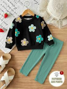 SHEIN Playful Pals 2件組女嬰休閒可愛日系全滿花卉印花圓領運動衫與內搭褲套裝，甜美可愛，秋冬款，黑色/卡其色/綠色 - 彩色 - 查看 1