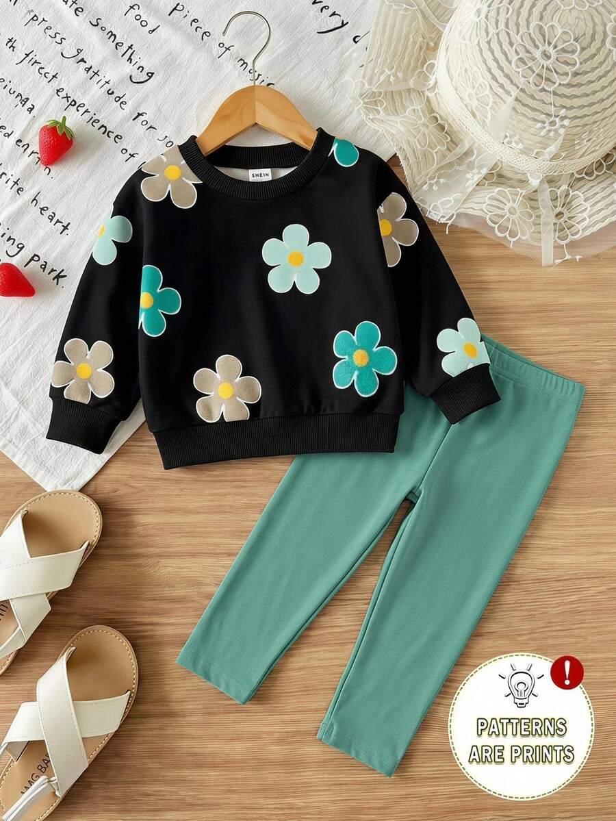 SHEIN Playful Pals 2件組女嬰休閒可愛日系全滿花卉印花圓領運動衫與內搭褲套裝,甜美可愛,秋冬款,黑色/卡其色/綠色 - 彩色 - 查看 1