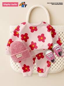 SHEIN Playful Pals 2件組女嬰休閒可愛日系甜美花卉滿版印花亮粉色圓領運動衫與運動長褲套裝 秋冬服飾 - 彩色 - 查看 6