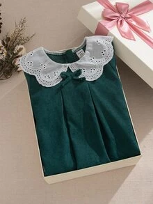 Souflis Souflis Toddler Baby Girl Dark Green Christmas Cute Vintage Dress Eyelet Lace Peter Pan Collar Bow Long Puff Sleeve A-Line Holiday Party Cocktail Autumn - Dark Green - View 10