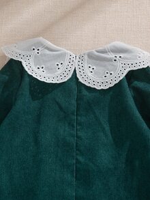 Souflis Souflis Toddler Baby Girl Dark Green Christmas Cute Vintage Dress Eyelet Lace Peter Pan Collar Bow Long Puff Sleeve A-Line Holiday Party Cocktail Autumn - Dark Green - View 6