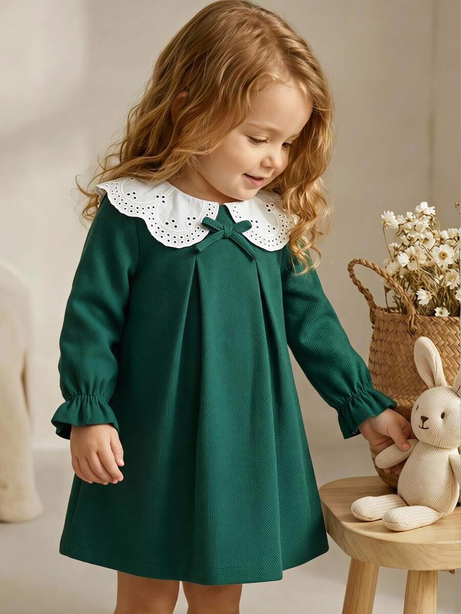 Souflis Souflis Toddler Baby Girl Dark Green Christmas Cute Vintage Dress Eyelet Lace Peter Pan Collar Bow Long Puff Sleeve A-Line Holiday Party Cocktail Autumn
