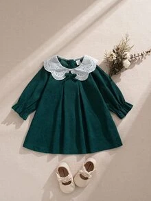 Souflis Souflis Toddler Baby Girl Dark Green Christmas Cute Vintage Dress Eyelet Lace Peter Pan Collar Bow Long Puff Sleeve A-Line Holiday Party Cocktail Autumn - Dark Green - View 3