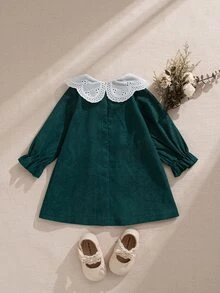 Souflis Souflis Toddler Baby Girl Dark Green Christmas Cute Vintage Dress Eyelet Lace Peter Pan Collar Bow Long Puff Sleeve A-Line Holiday Party Cocktail Autumn - Dark Green - View 4