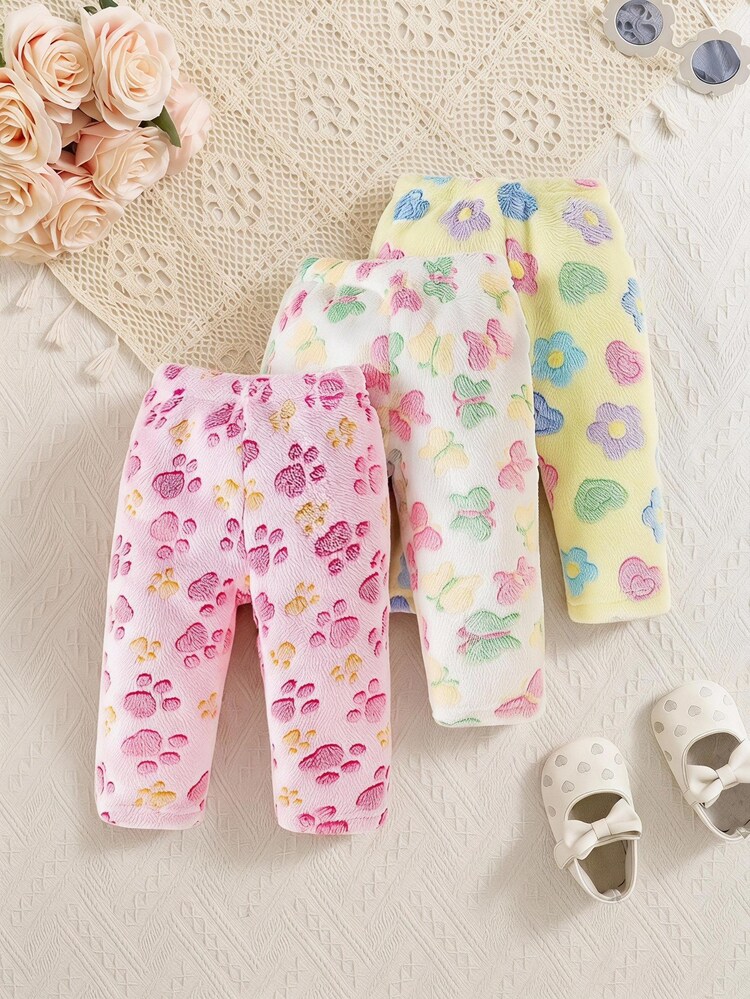 SHEIN Playful Pals Three Pieces Set Of Fashionable And Cute Plush Pants For Baby Girls, With Claw Prints, Butterflies, And Floral Patterns, Warm And Comfortable. - Multicolor - View 1