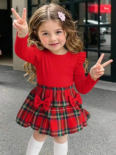 2pcs/Set Baby Girls' Ruffle Long Sleeve Top Bow Red Plaid Skirt Set, Autumn Cute Modest Fashionable Casual School Style Matching Family Outfit