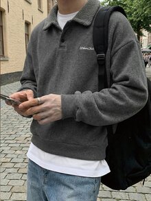 SWAVVY 男士针织休闲宽松保暖长袖卫衣，秋冬季 - 深灰色 - 查看 2