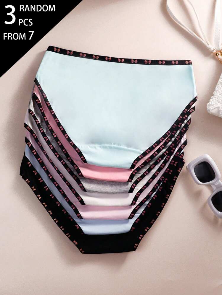 SHEIN 3pcs Random Assorted Women's Teen Girls Minimalist Multi-Color Sweet Basic Style Triangle Panties With Bow Ribbon, Comfortable Soft Cotton Blend - Multicolor - View 2
