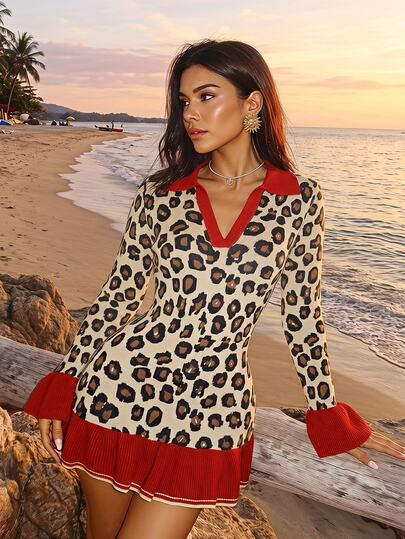 Soleia Autumn/Winter Vacation Casual Leopard Print Colorblock Solid Red Lapel Flared Sleeve Ruffle Mini Dress, Music Festival Outfit, Hippie, Western, Can Be Worn As Inner Or Outer Layer, Daily Commute