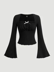 SHEIN MOD Women's Swan Neck Bell Sleeve T-Shirt - Black - View 1