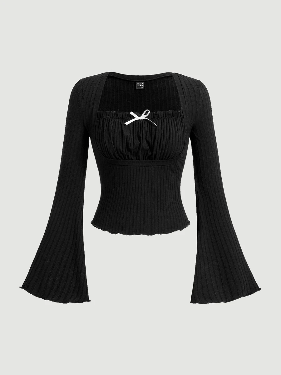 SHEIN MOD Women's Swan Neck Bell Sleeve T-Shirt - Black - View 1