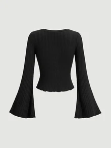 SHEIN MOD Women's Swan Neck Bell Sleeve T-Shirt - Black - View 2