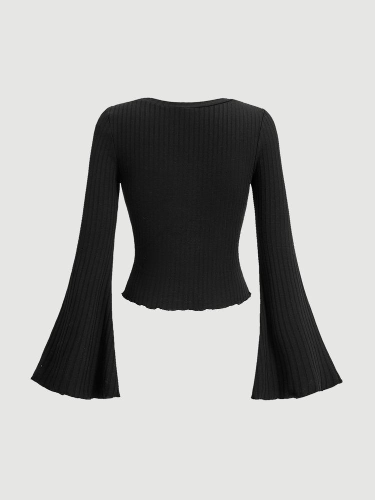 SHEIN MOD Women's Swan Neck Bell Sleeve T-Shirt - Black - View 2