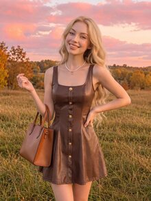 SHEIN MOD 女款時尚咖啡棕色PU皮革細肩帶洋裝，前金屬扣迷你洋裝，秋季夜生活穿搭，返校季，舞會禮服，電音節慶穿搭 - 棕色 - 查看 5