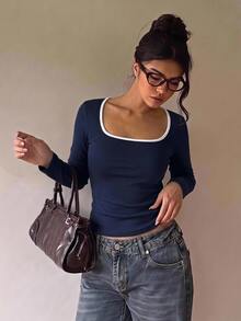 SHEIN Tween Girl 休閒時尚對比滾邊長袖修身 T-shirt，秋冬/春季 - 藏蓝色 - 查看 5
