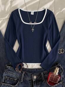 SHEIN Tween Girl 休閒時尚對比滾邊長袖修身 T-shirt，秋冬/春季 - 藏蓝色 - 查看 2