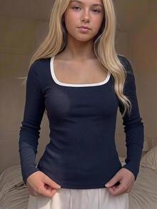 SHEIN Tween Girl 休閒時尚對比滾邊長袖修身 T-shirt，秋冬/春季 - 藏蓝色 - 查看 11