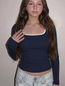 SHEIN Tween Girl 休閒時尚對比滾邊長袖修身 T-shirt，秋冬/春季 - 藏蓝色 - 查看 3