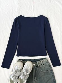 SHEIN Tween Girl 休閒時尚對比滾邊長袖修身 T-shirt，秋冬/春季 - 藏蓝色 - 查看 6