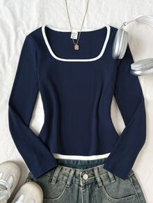 SHEIN Tween Girl 休閒時尚對比滾邊長袖修身 T-shirt，秋冬/春季 - 藏蓝色 - 查看 4