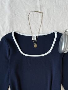 SHEIN Tween Girl 休閒時尚對比滾邊長袖修身 T-shirt，秋冬/春季 - 藏蓝色 - 查看 7