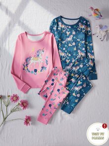 1套女童修身獨角獸與花卉印花長袖上衣與長褲，高彈性柔軟針織面料 - 彩色 - 查看 4