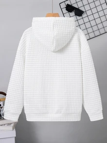 SHEIN 兒童青少年男孩休閒白色基本款刺繡連帽衛衣，小標誌設計，適合秋季返校季穿著 - 白色 - 查看 8