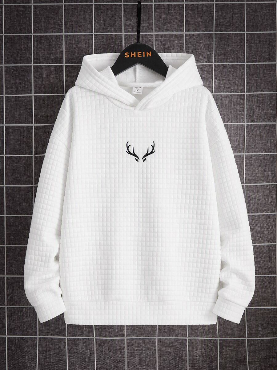 SHEIN Kids Tween Boys' Casual White Basic Style Embroidered Hooded Sweatshirt With Small Logo Suitable For Wearing During The Fall Back-To-School Season.