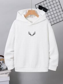 SHEIN 兒童青少年男孩休閒白色基本款刺繡連帽衛衣，小標誌設計，適合秋季返校季穿著 - 白色 - 查看 3