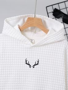 SHEIN 兒童青少年男孩休閒白色基本款刺繡連帽衛衣，小標誌設計，適合秋季返校季穿著 - 白色 - 查看 7