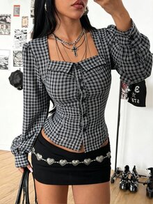 SHEIN HypeZone Autumn Casual Plaid Waist-Cinched Shirt - Multicolor - View 1