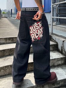 Manfinity Roghcode Jeans anchos de pierna suelta con bolsillos grandes y estampado retro de calle negro multifuncional para hombre - Negro - Ver 7