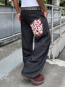 Manfinity Roghcode Jeans anchos de pierna suelta con bolsillos grandes y estampado retro de calle negro multifuncional para hombre - Negro - Ver 4