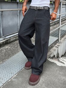 Manfinity Roghcode Jeans anchos de pierna suelta con bolsillos grandes y estampado retro de calle negro multifuncional para hombre - Negro - Ver 6