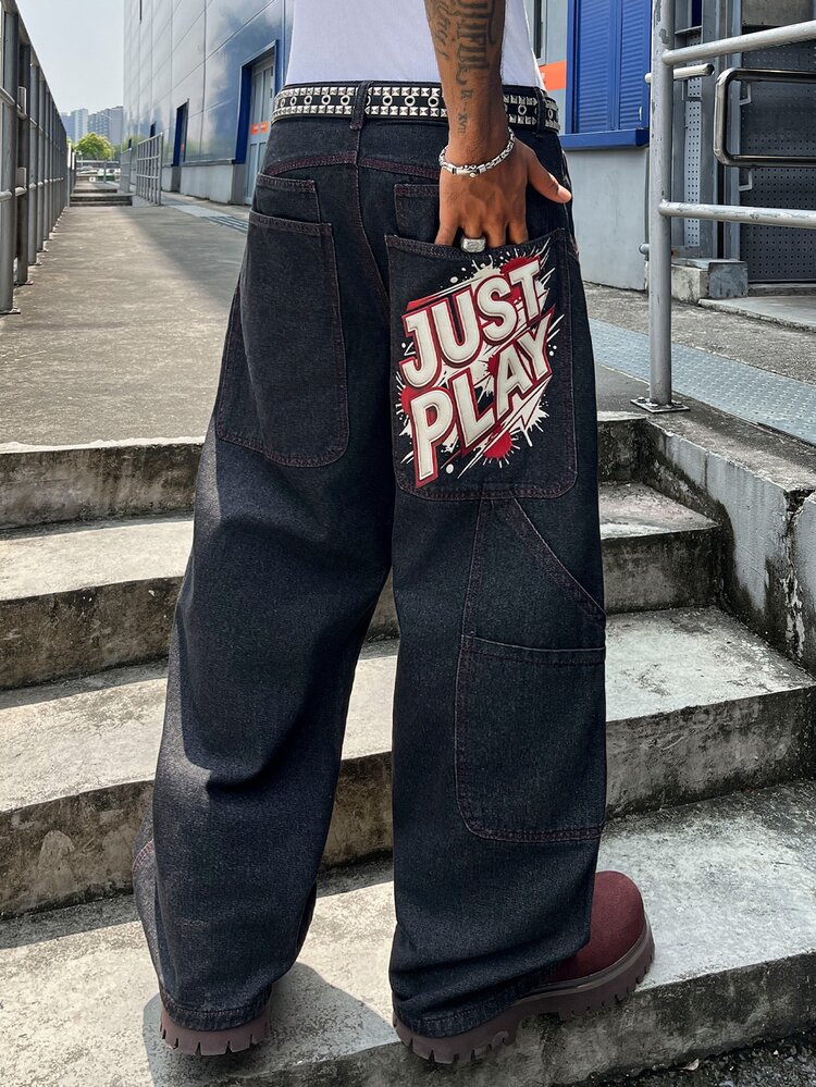 Manfinity Roghcode Celana Jeans Pria Hitam Motif Retro Street Multifungsi Saku Besar Longgar Kaki Lebar - Hitam - View 1