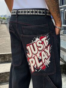 Manfinity Roghcode Jeans anchos de pierna suelta con bolsillos grandes y estampado retro de calle negro multifuncional para hombre - Negro - Ver 3