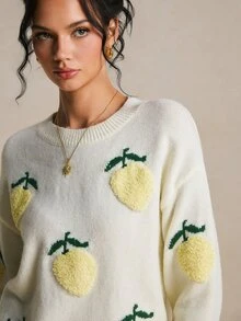 Poéselle 女款休閒可愛檸檬刺繡毛衣，白色毛衣，可愛上衣，適合外出、新年造型、節慶穿搭，秋冬款 - 杏色 - 查看 8